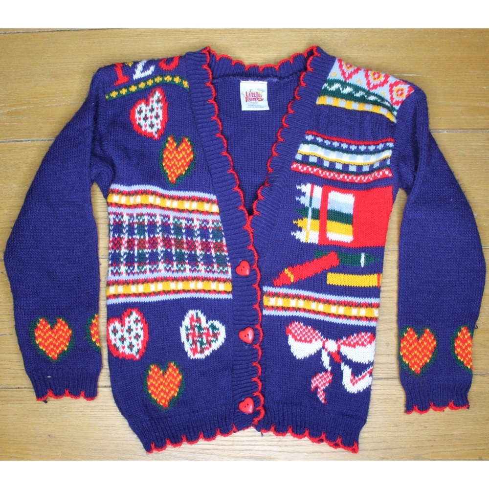 Vintage Girls Back To School Heart Button Crayon Cardigan 5